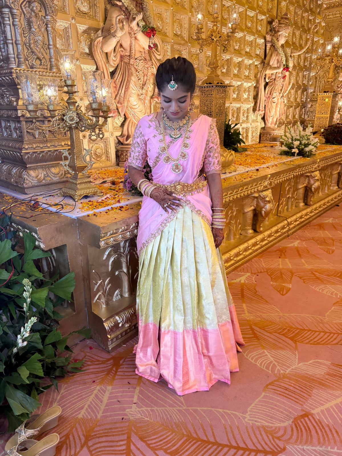 Rose pink and pale gold occasion ensemble designed by GK Designs